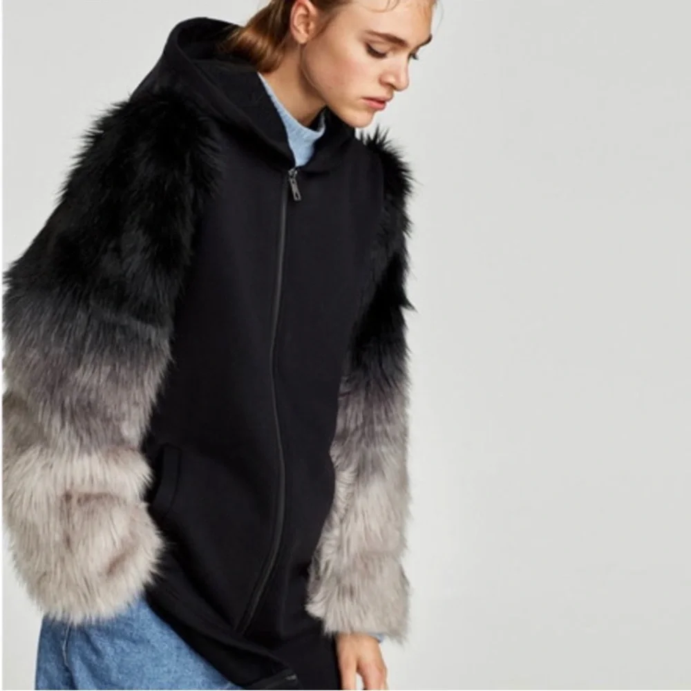Zara Womens Oversized Hoodie Jacket with Faux Fur Sleeves size S